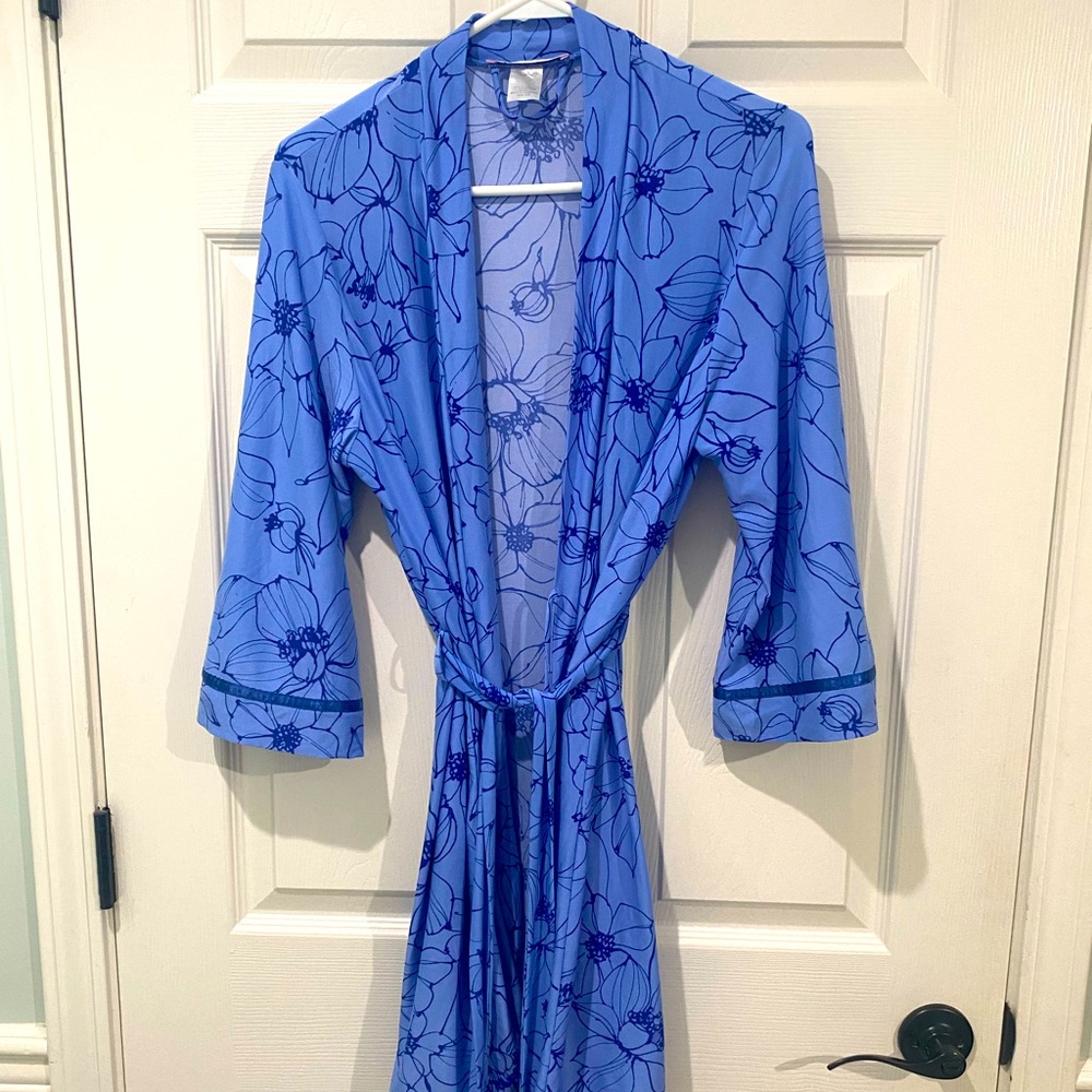 Linea Donatella Theoni Blue Floral-Print Wrap Robe Size Small/Medium